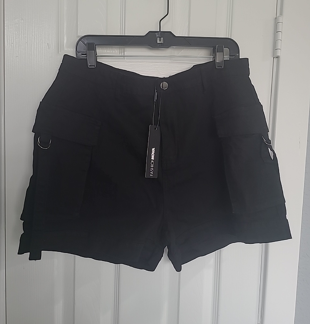 Fashion Nova Black Utility Cargo Shorts with Ring Hardware